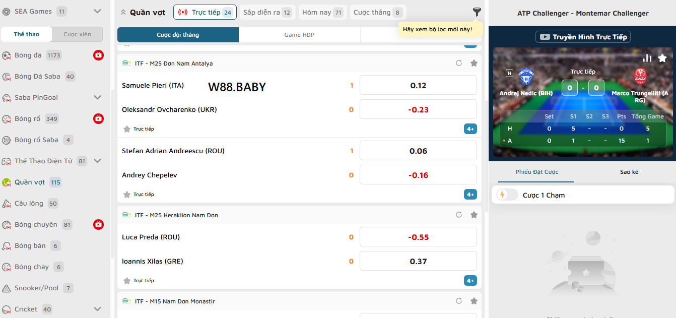 Những kèo quần vợt W88