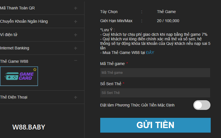 Nạp tiền W88 qua thẻ game