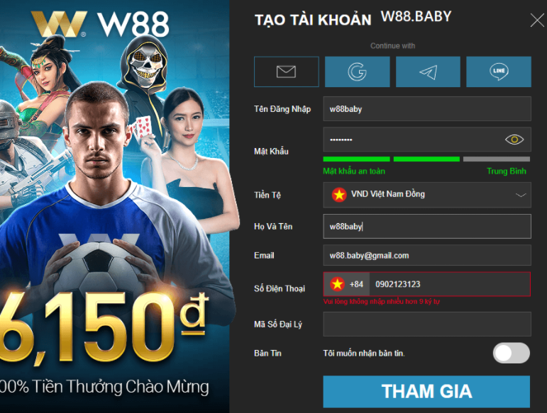 Nhập thông tin đăng ký W88